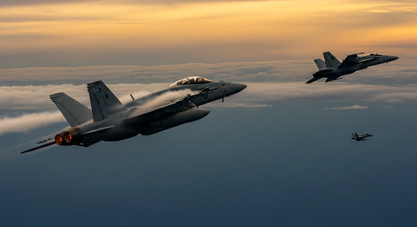 A Royal Australian Air Force F/A-18F Super Hornet and an EA-18G Growler fly in formation during a training exercise supported by a U.S. military partnership.