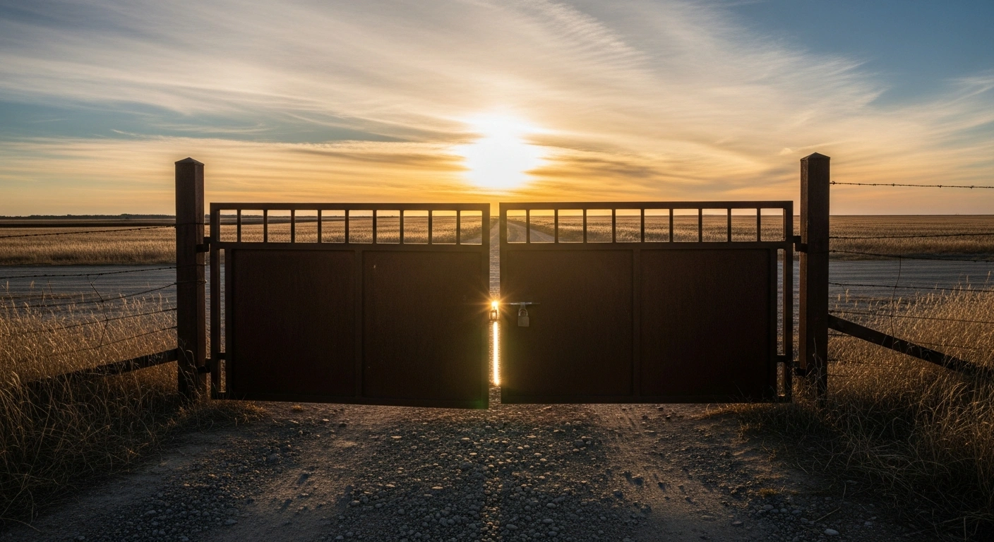 A wide, cinematic image at golden hour depicts a vast, stylized potash field under a warm sky, with a heavy, rusted iron gate in the foreground standing slightly ajar, symbolizing the easing of tensions and the lifting of sanctions between the United States and Belarus following the release of political prisoners.