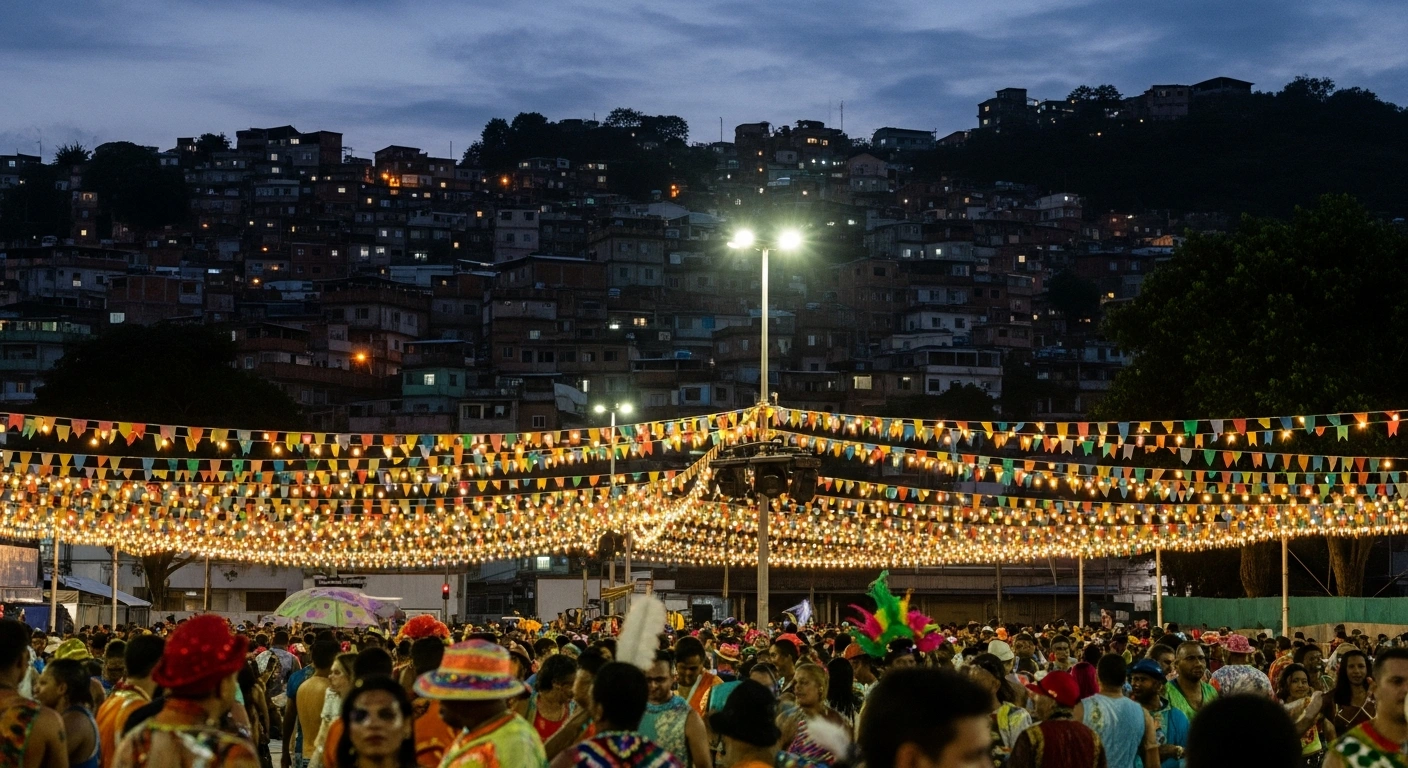 A vibrant street scene depicting Brazil's Carnival with festive lights and dancing revelers, contrasted by the distant, silhouetted favelas under a twilight sky, representing the U.S. government's advisory for American tourists to avoid dangerous areas due to security concerns.