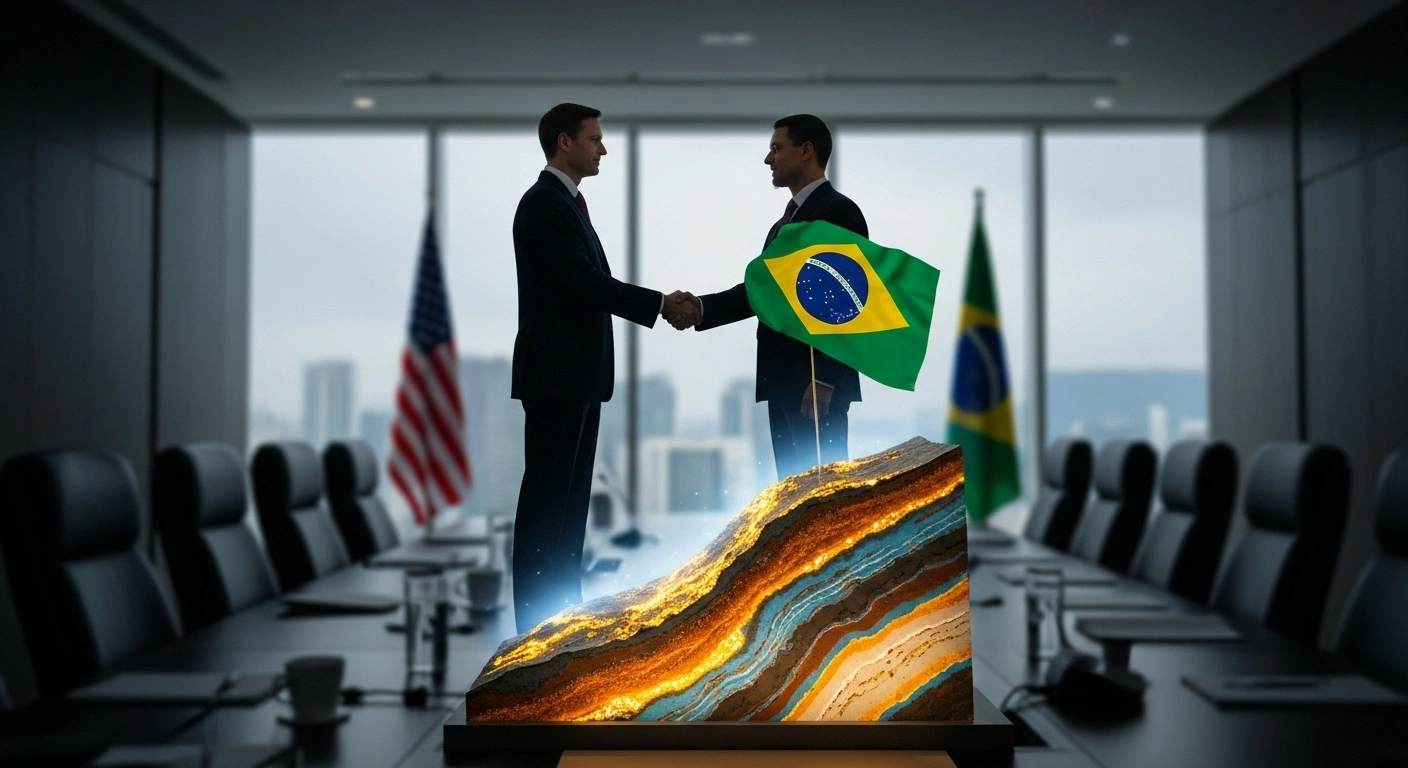 Two figures representing US and Brazilian officials shake hands in a sophisticated conference room, silhouetted against a glowing geological map highlighting Brazil's rare earth mineral deposits, symbolizing cooperation on global supply chain diversification.