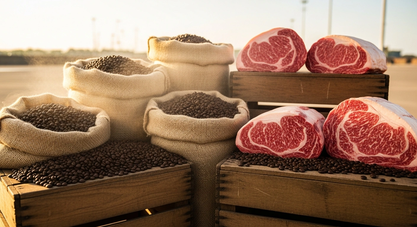 A wide, low-angle shot of a market stall bathed in golden hour light, featuring burlap sacks overflowing with dark coffee beans and prime cuts of marbled beef on rustic wooden crates, symbolizing renewed U.S.-Brazil agricultural trade.