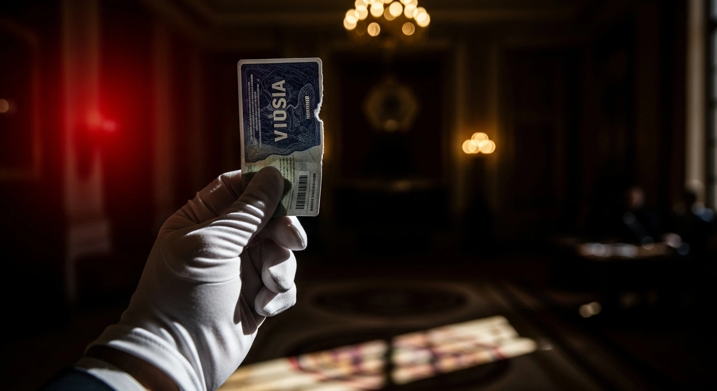 A gloved hand holds a crumpled, partially torn document, symbolizing a revoked visa, against a dimly lit diplomatic chamber, representing escalating US-Brazil diplomatic tensions after the Trump administration's actions against Brazilian judicial officials.