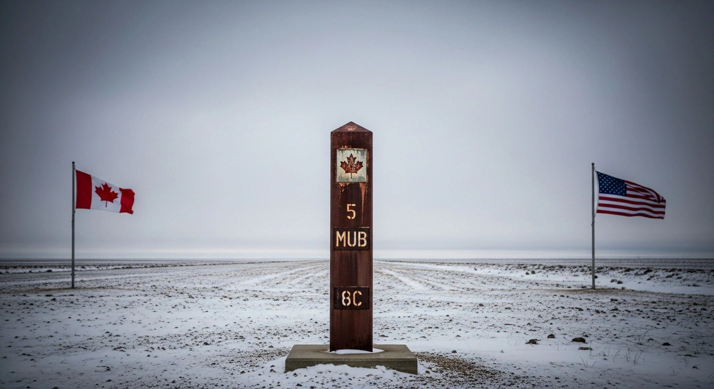 A wide, low-angle shot across a desolate, snow-dusted border landscape featuring a weathered border marker, with blurred, drooping Canadian and American flags in the distance under a cold, overcast sky, symbolizing the strained relationship between the two nations due to tariffs.