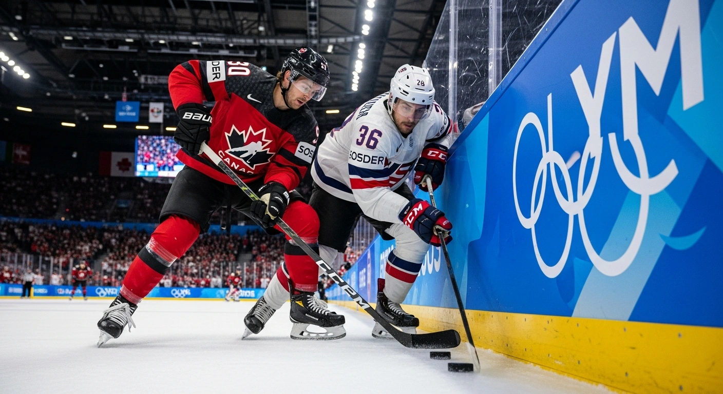 A dramatic low-angle shot captures a fierce puck battle between American and Canadian ice hockey players during the men's gold medal final at the Milano Cortina 2026 Winter Olympics, with arena lights highlighting their intense expressions.