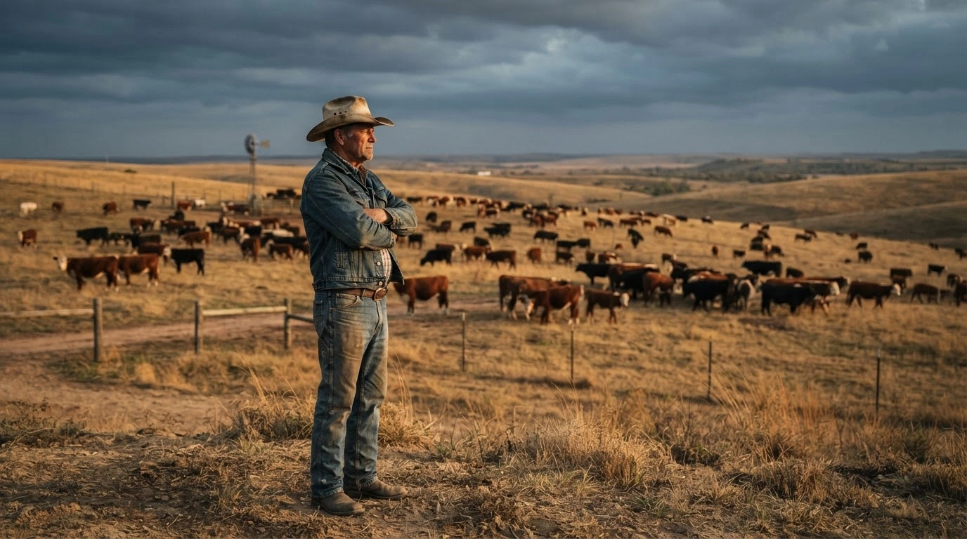 A concerned American rancher watches over a herd of cattle in a field as industry groups protest the waiver of tariffs on imported beef.