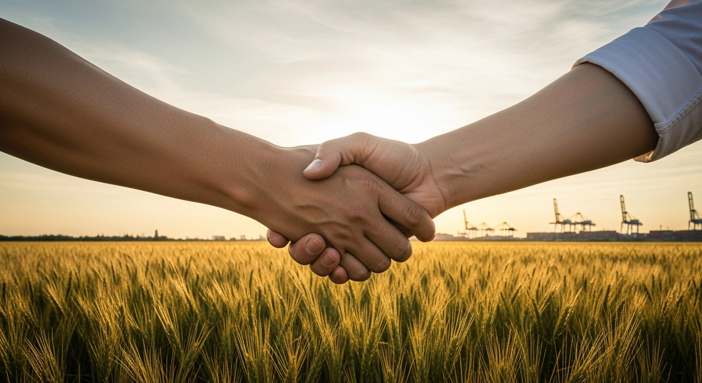 Two hands shake in front of a vast agricultural field to symbolize the new trade agreement between China and the United States.