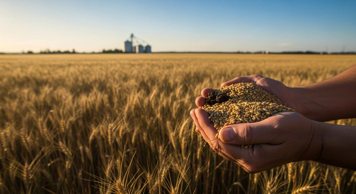 A close-up of a farmer holding golden wheat in a field, representing the new agricultural trade agreement between the United States and China.