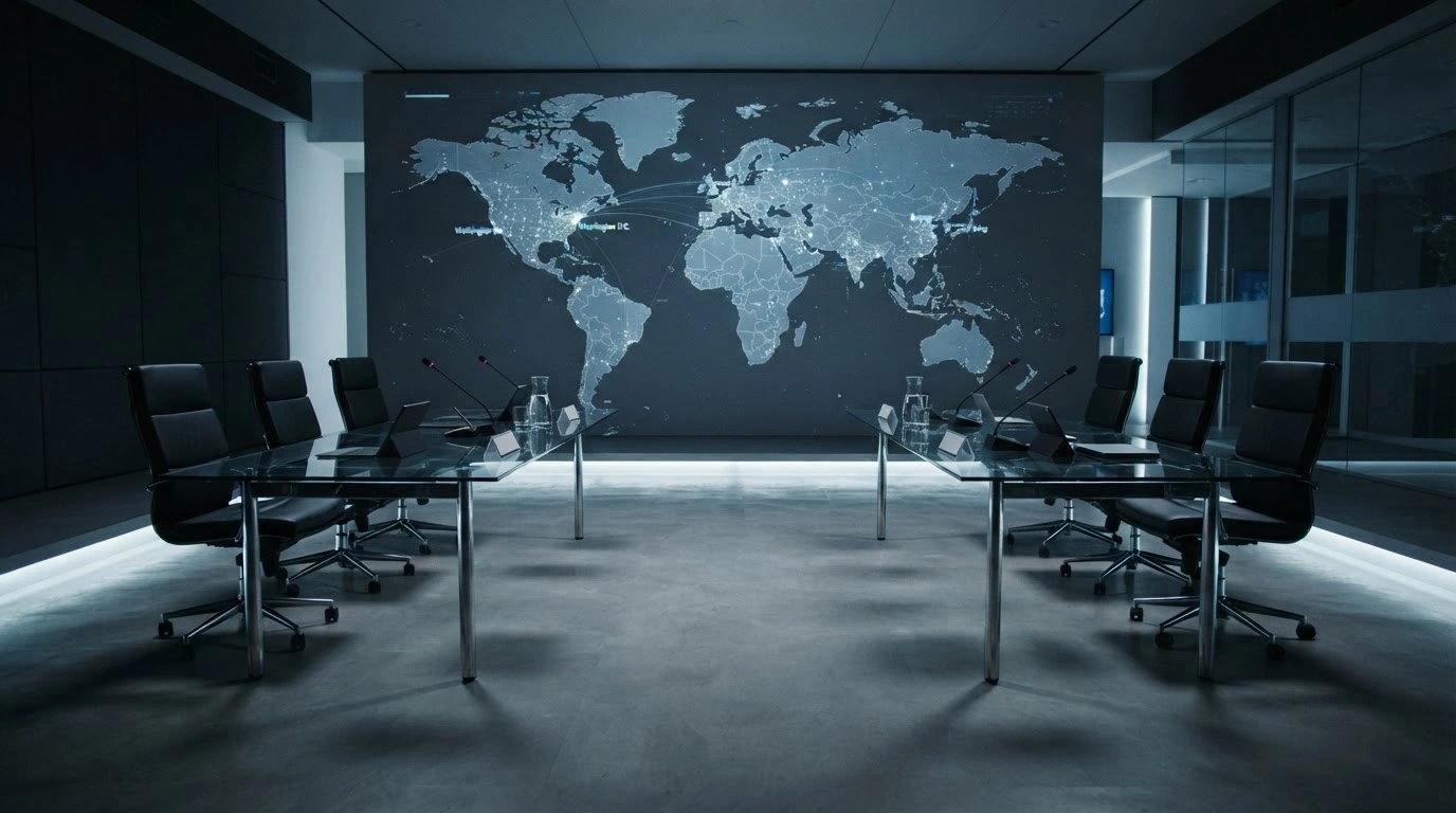 Two empty, modern desks face each other in a high-tech boardroom, representing the formal communication channel between the United States and China regarding artificial intelligence safety.