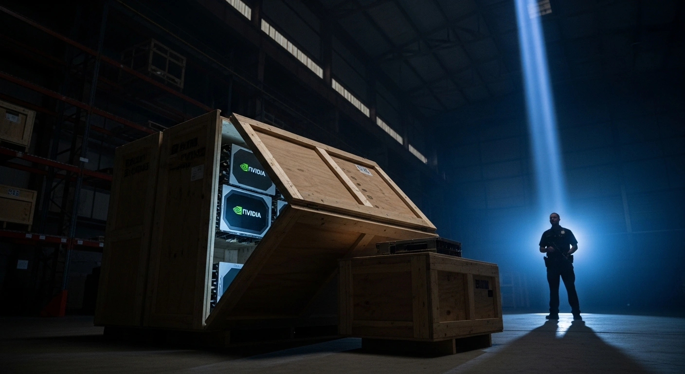 A federal agent is dramatically silhouetted by a blue spotlight in a dimly lit industrial warehouse, standing guard over open crates revealing glowing Nvidia GPUs and other advanced AI technology, symbolizing the US authorities' shutdown of illegal smuggling networks linked to China.