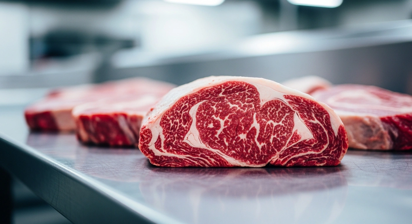 High-quality raw beef steaks are displayed on a stainless steel surface to represent the expansion of American beef exports to China following a bilateral trade agreement.