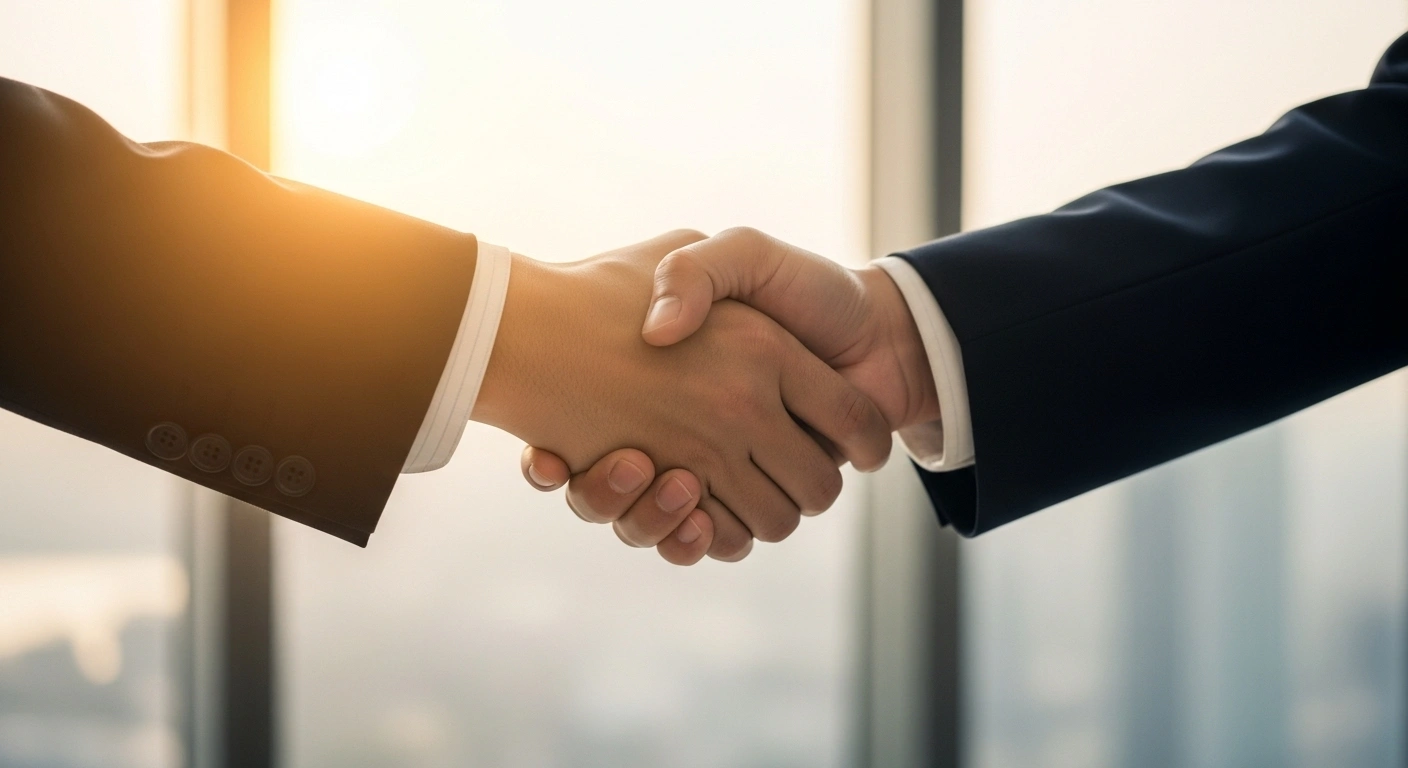 A close-up, low-angle shot depicts two hands, symbolizing the United States and China, clasped in a firm handshake under a warm golden hour glow within a modern conference room, representing the call for mutual benefit and cooperation between the nations.