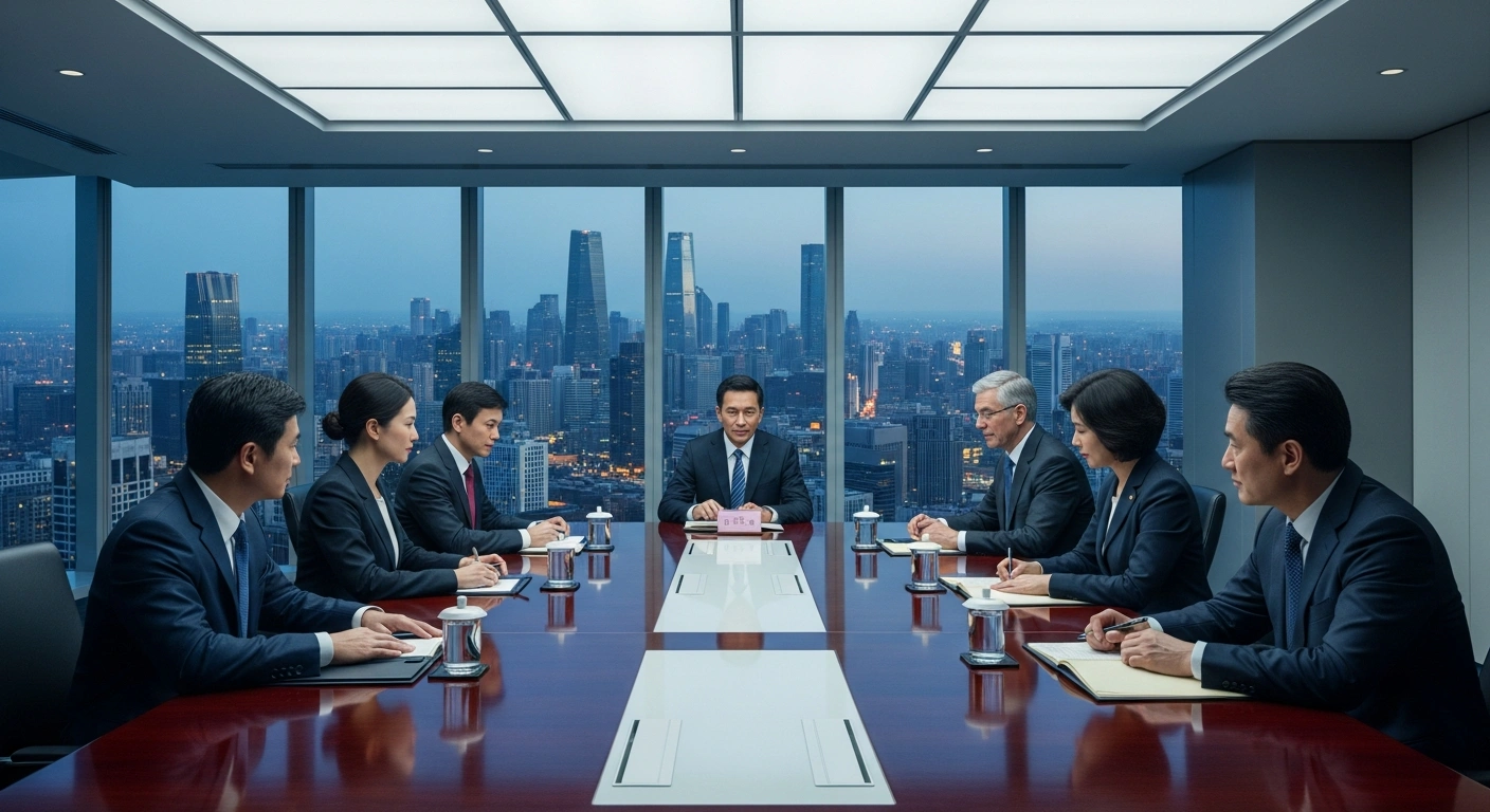 Senior American corporate executives and Chinese government officials engage in a formal business meeting in a high-rise office in Beijing.
