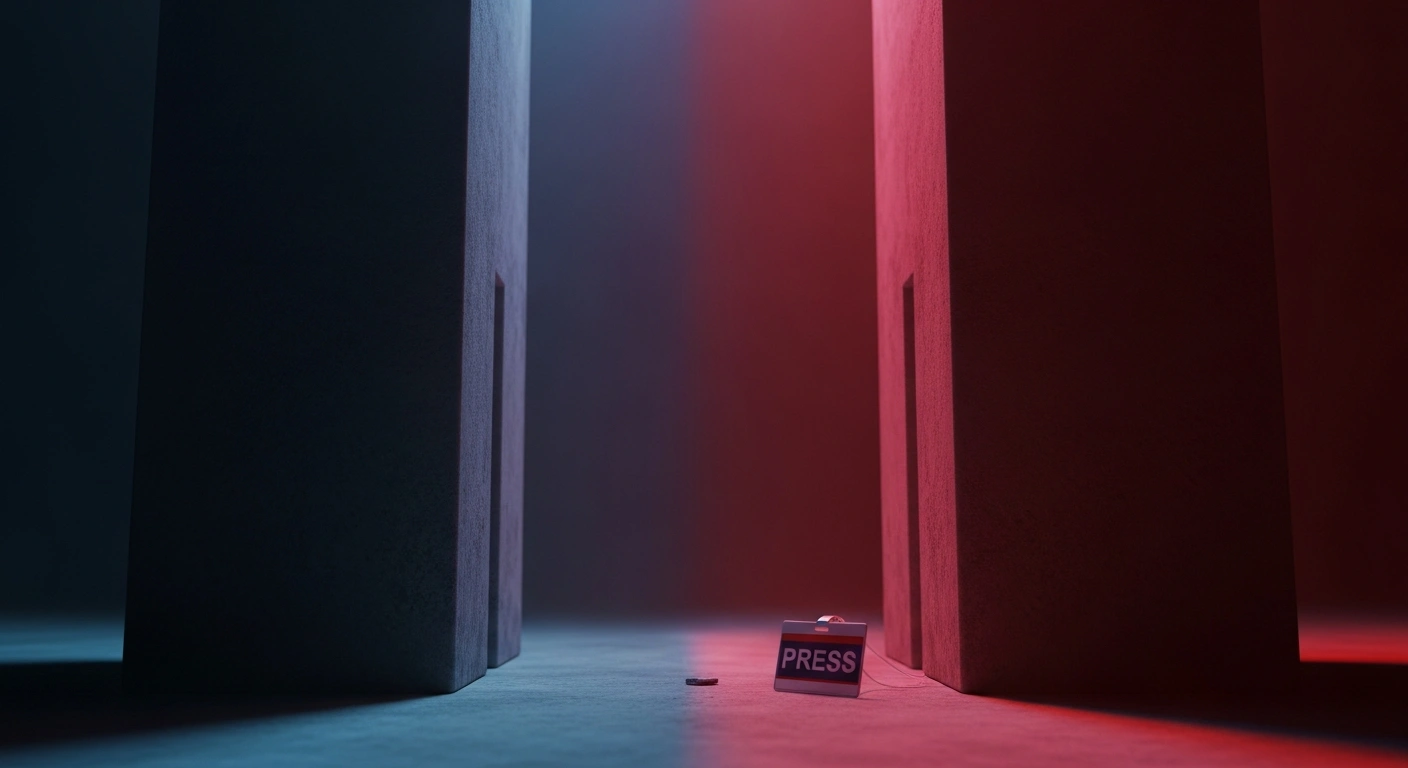 A symbolic representation of the diplomatic tension between the United States and China featuring a discarded press badge between two imposing, color-coded monoliths.