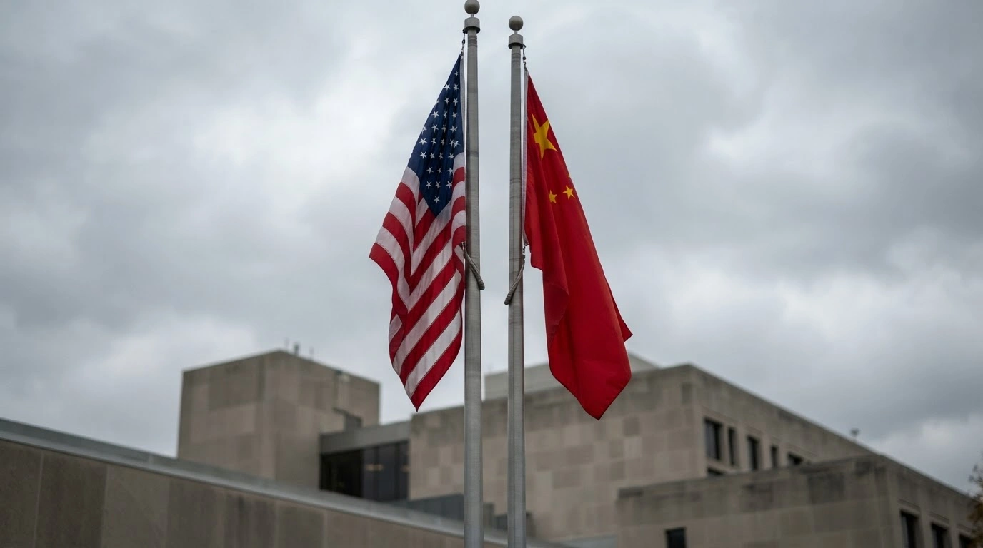 The national flags of the United States and China are displayed together in a somber, formal setting representing the diplomatic relationship between the two nations.