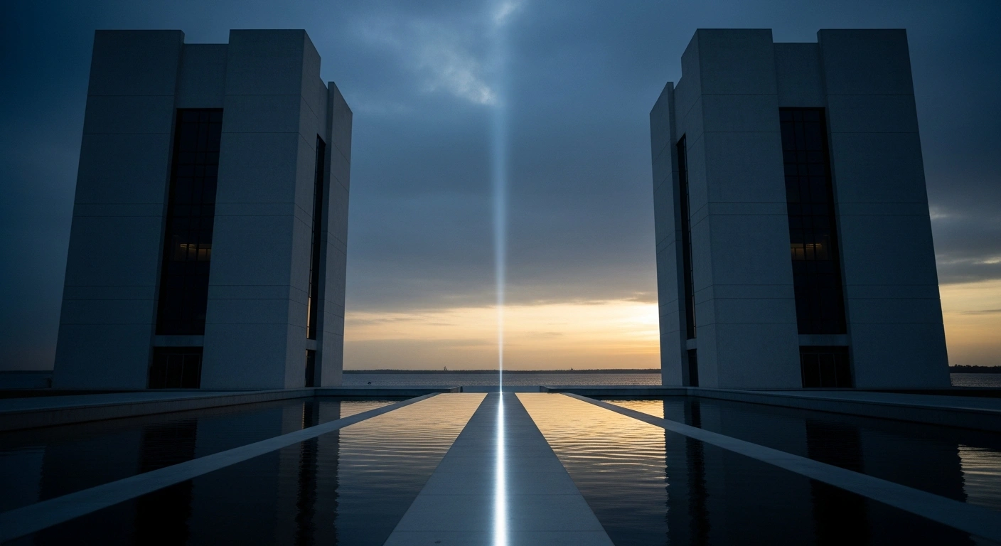 Two modern architectural structures stand across from each other in a symbolic representation of the diplomatic relationship between the United States and China regarding the Taiwan issue.