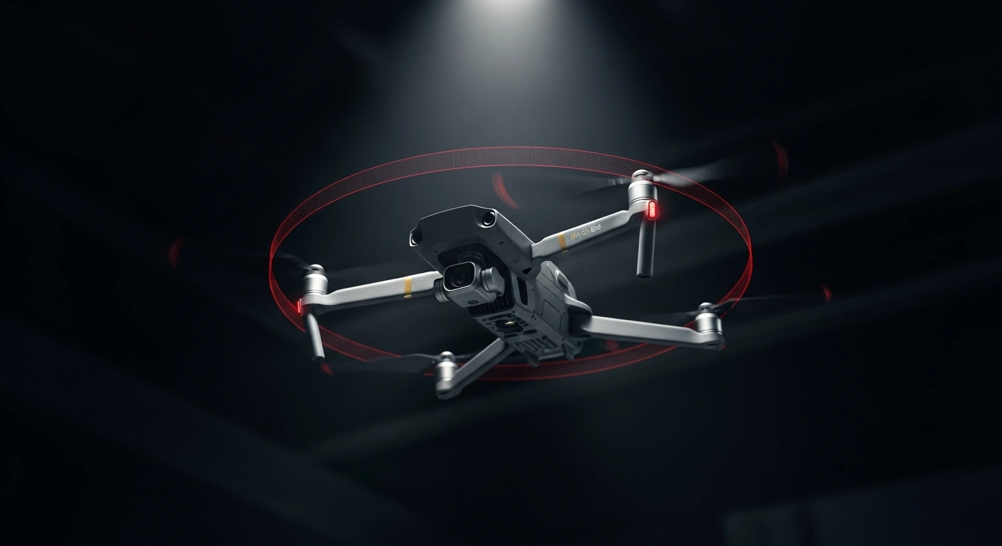 A sleek DJI drone, representing Chinese technology, is dramatically spotlighted against a dark background, surrounded by a shimmering digital red barrier, symbolizing the US FCC's ban on foreign-made drones due to national security concerns.