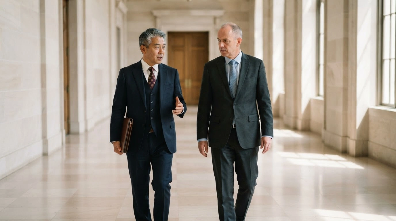 Chinese Vice Premier He Lifeng walks through a government building to participate in high-level economic discussions with United States officials.