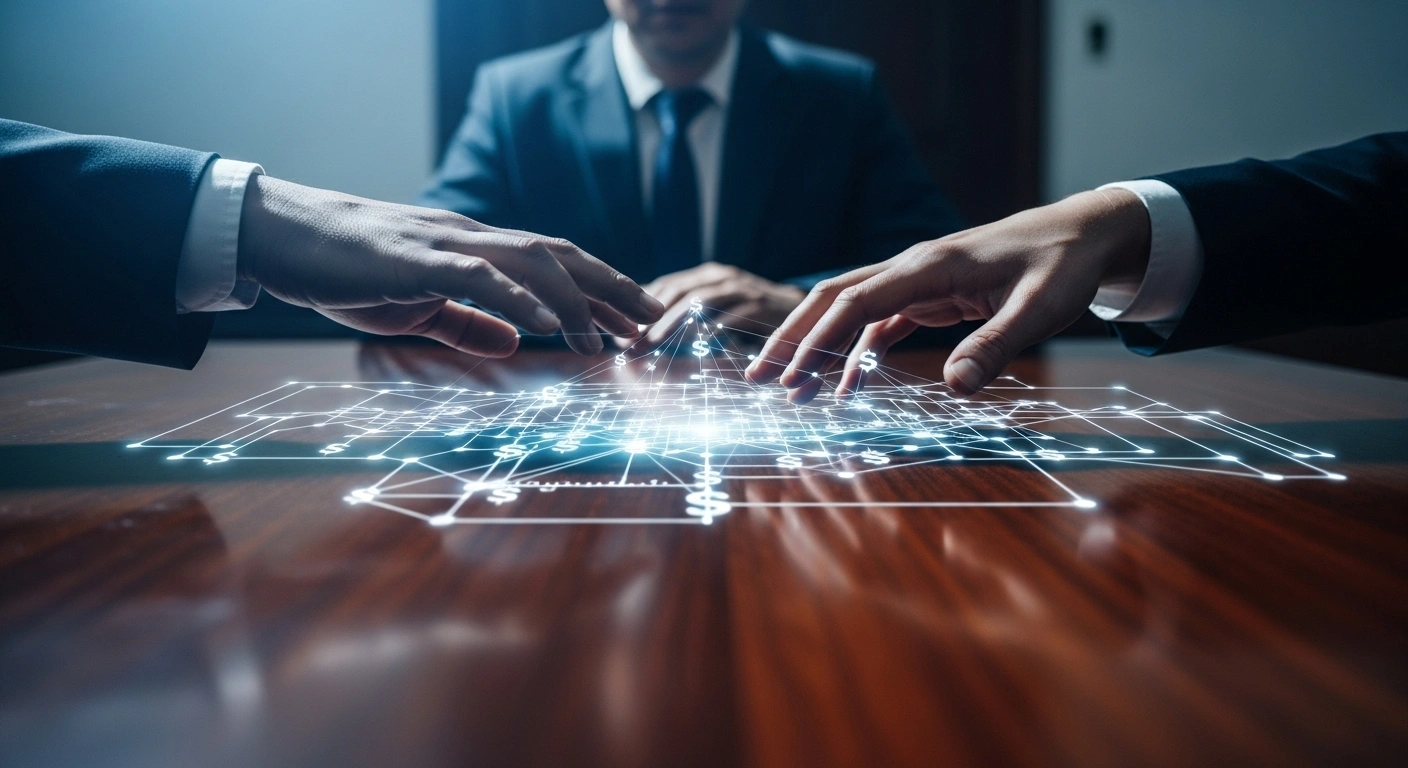 A close-up, low-angle shot shows two hands, one darker-skinned and one lighter-skinned, reaching across a dark mahogany table towards a glowing holographic projection of interconnected financial pathways, symbolizing the agreement between the United States and China to combat money laundering linked to illegal fentanyl sales.