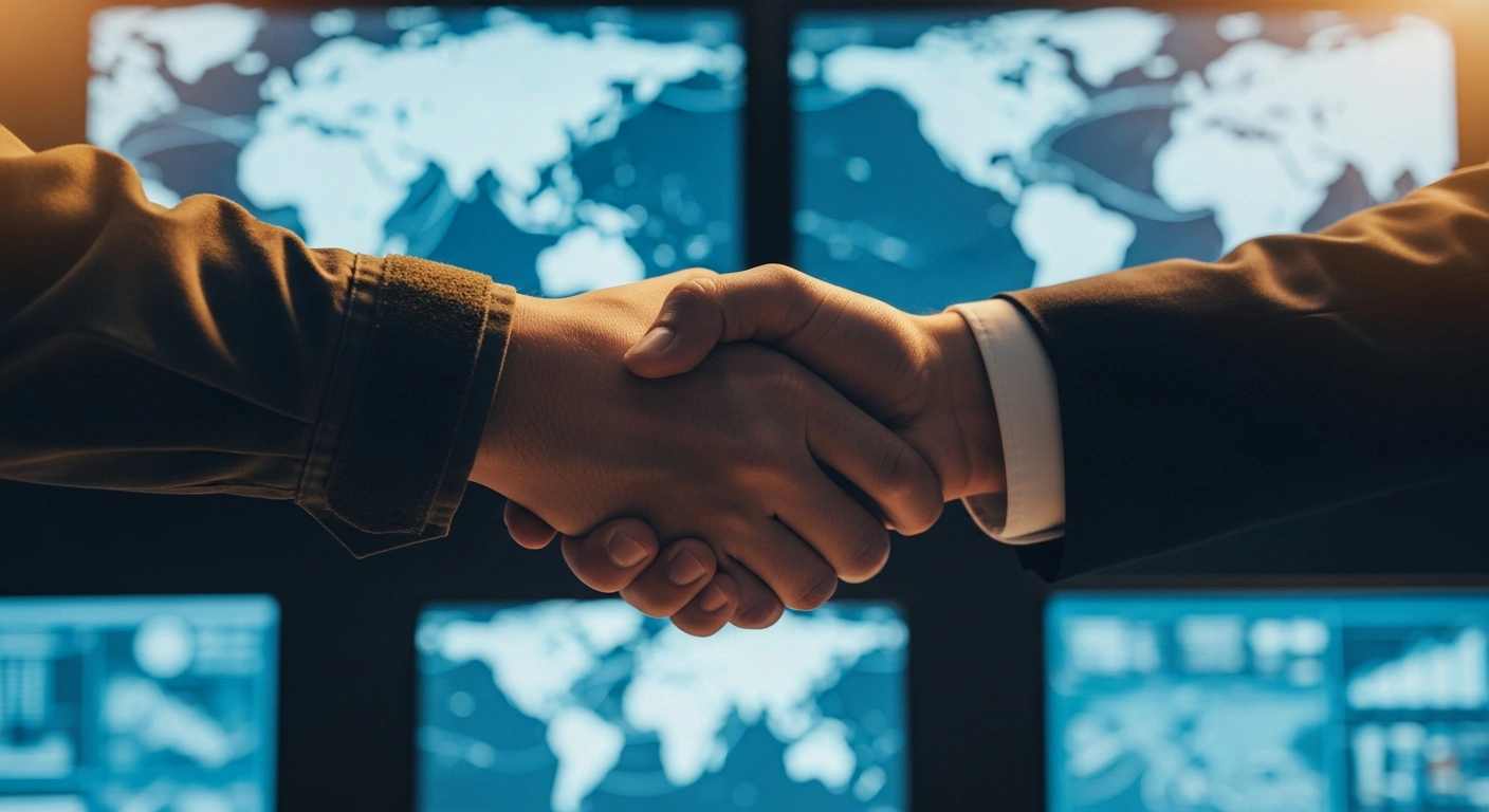 Law enforcement officials from China and the United States shake hands in a command center to represent their successful joint operation against transnational drug trafficking.