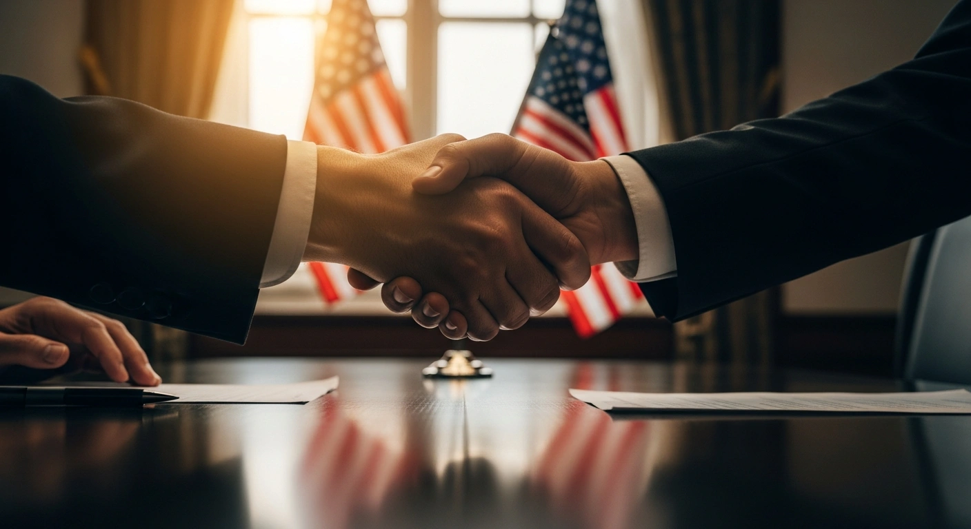 A close-up, low-angle shot shows two hands, one Western and one Eastern, clasped together over a dark conference table, symbolizing the agreement between the United States and China to establish direct military-to-military communication channels for de-escalation, following high-level talks involving leaders like Presidents Trump and Xi Jinping, and Defense Secretary Pete Hegseth.