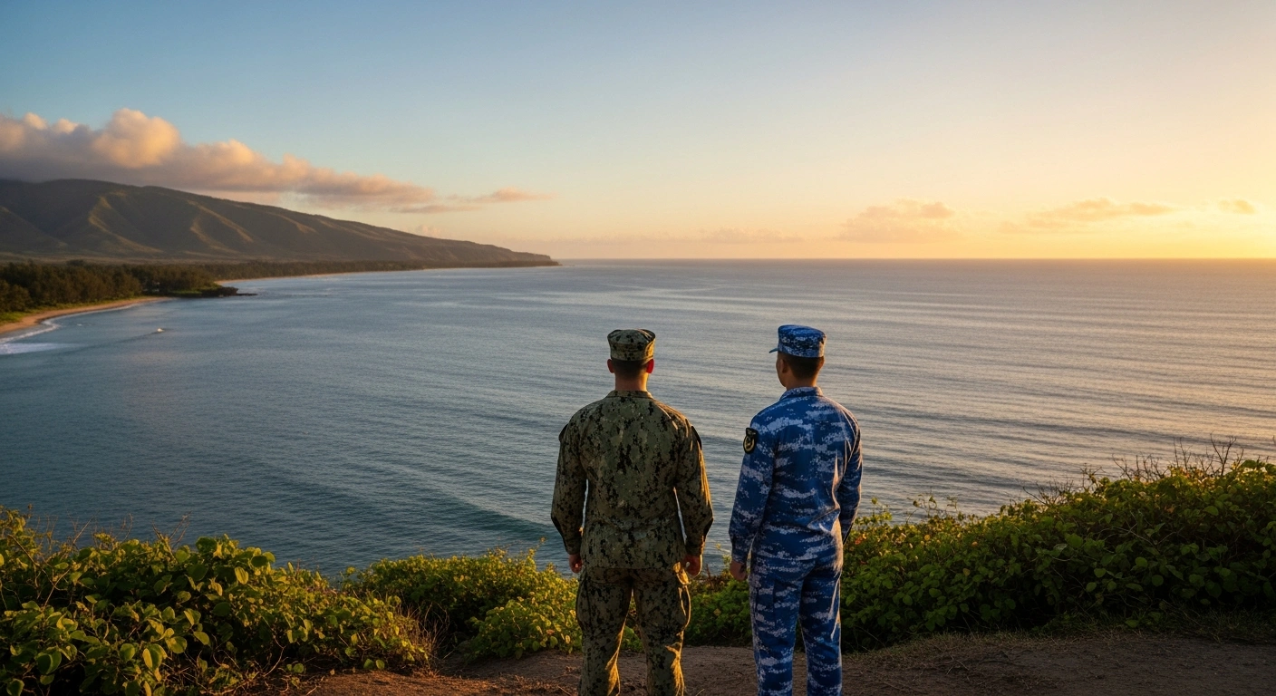 An American naval officer and a Chinese PLA Navy officer stand side-by-side on a Hawaiian coastline at dusk, looking out at the Pacific Ocean, symbolizing the recent Military Maritime Consultative Agreement talks focused on maritime and aerial security between the two nations.