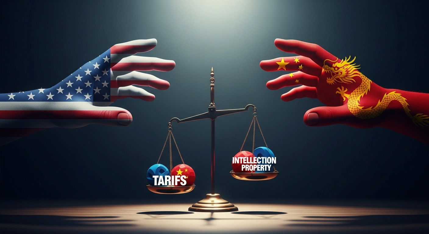 Two stylized hands, one representing the United States with stars and stripes, and the other representing China with a dragon motif, hover over an antique balance scale holding abstract representations of tariffs and intellectual property, symbolizing the conclusion of 90-day reciprocal tariff negotiations and unresolved trade disputes between the two nations.