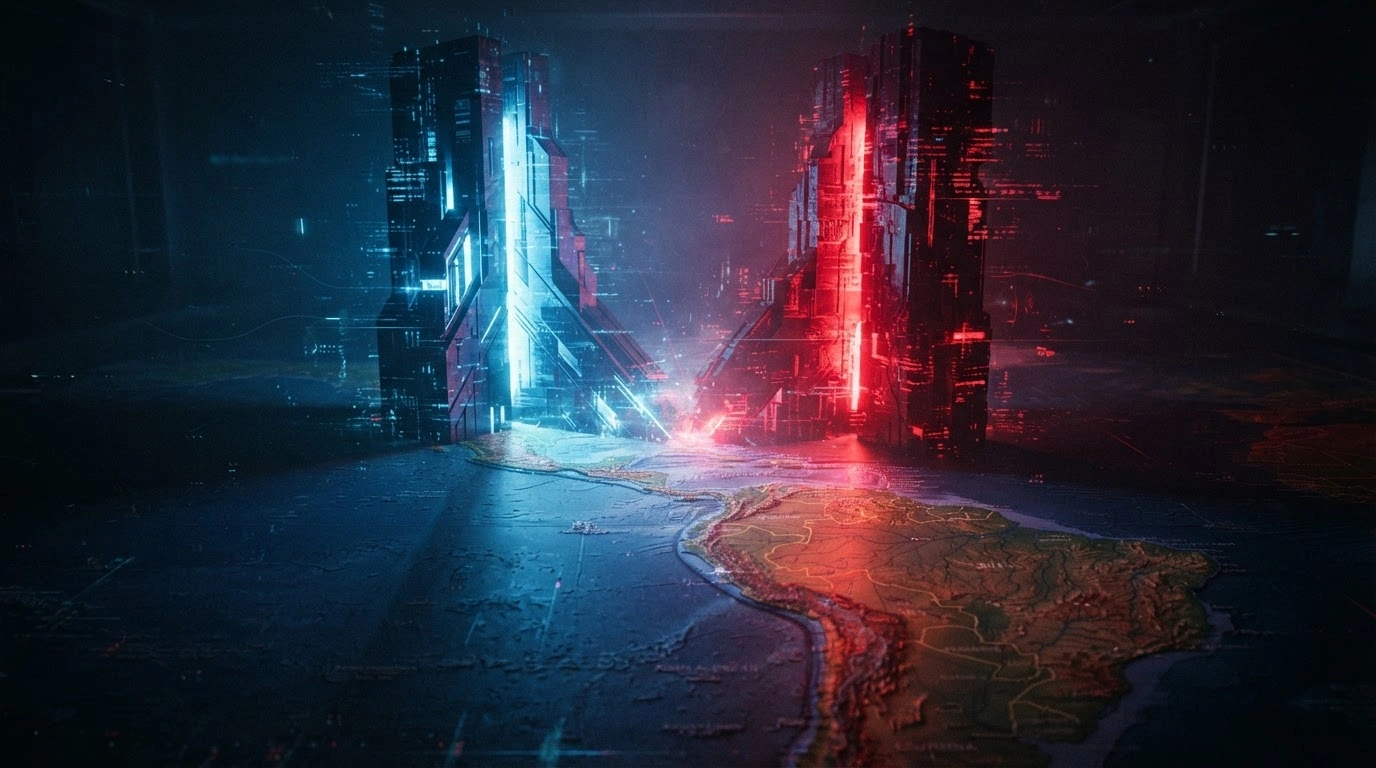 Two glowing digital monoliths representing the United States and China cast opposing shadows over a map of Latin America, symbolizing the escalating diplomatic tensions over regional digital infrastructure.