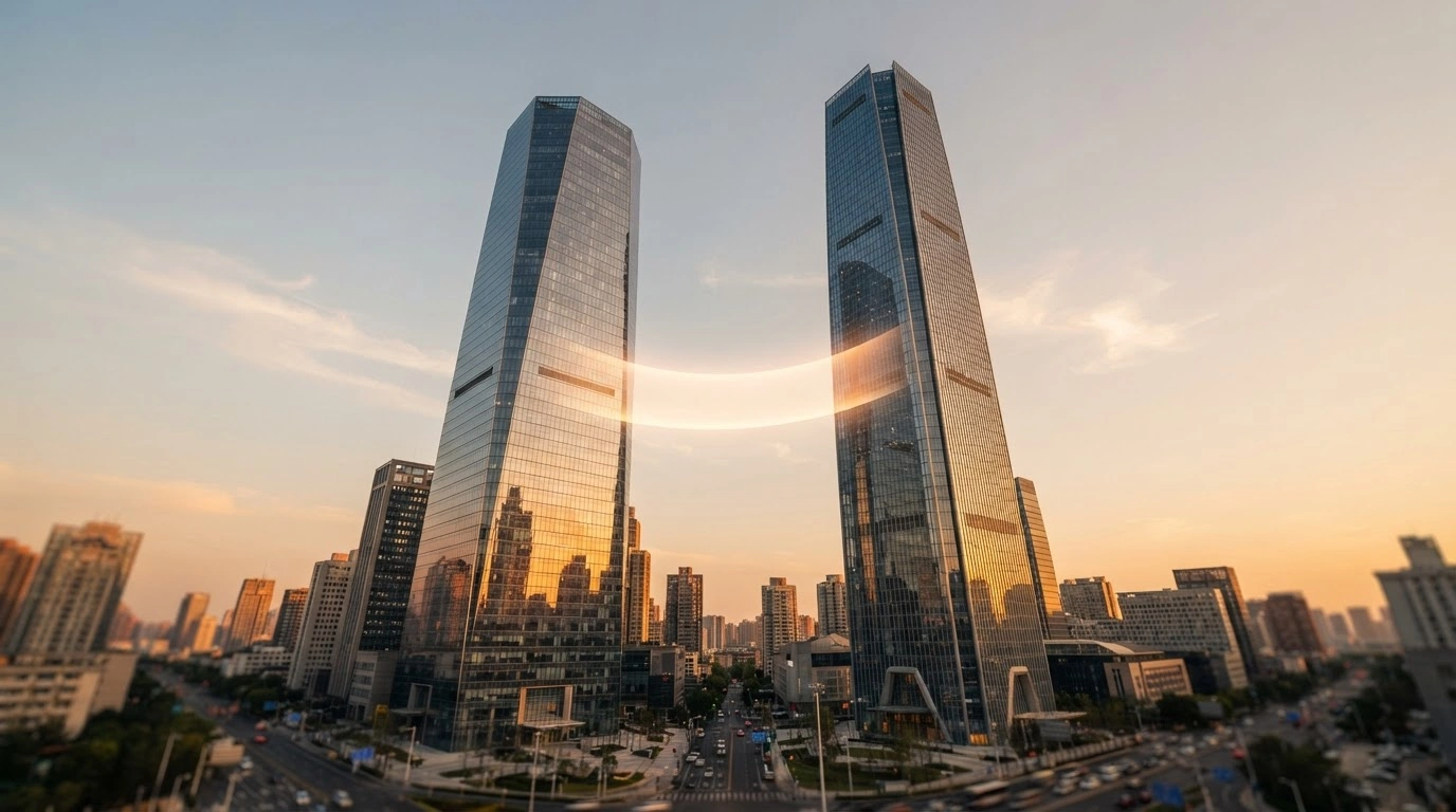 Two modern skyscrapers representing the United States and China stand together under a clear sky, symbolizing a new trade consensus and tariff reduction.