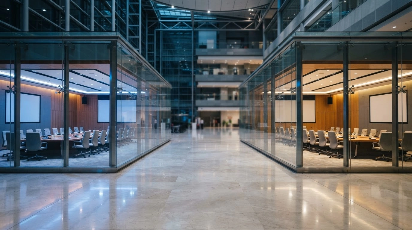 Two modern glass buildings representing the United States and China stand facing each other to symbolize formal trade consultations and tariff reduction discussions.