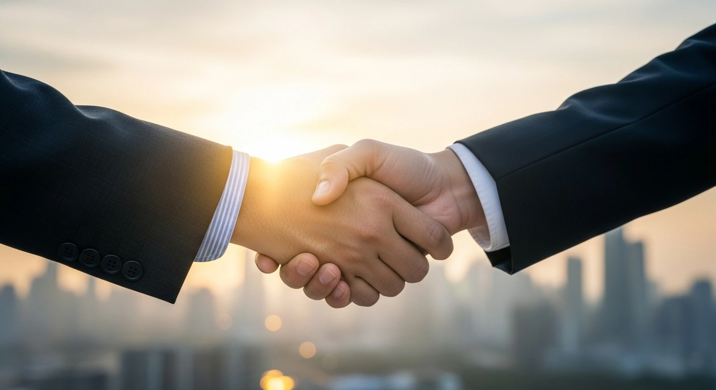 A symbolic image depicting two hands, one representing the United States and the other China, shaking firmly against a global cityscape at sunrise, illustrating the preliminary consensus on a trade deal to de-escalate tensions.