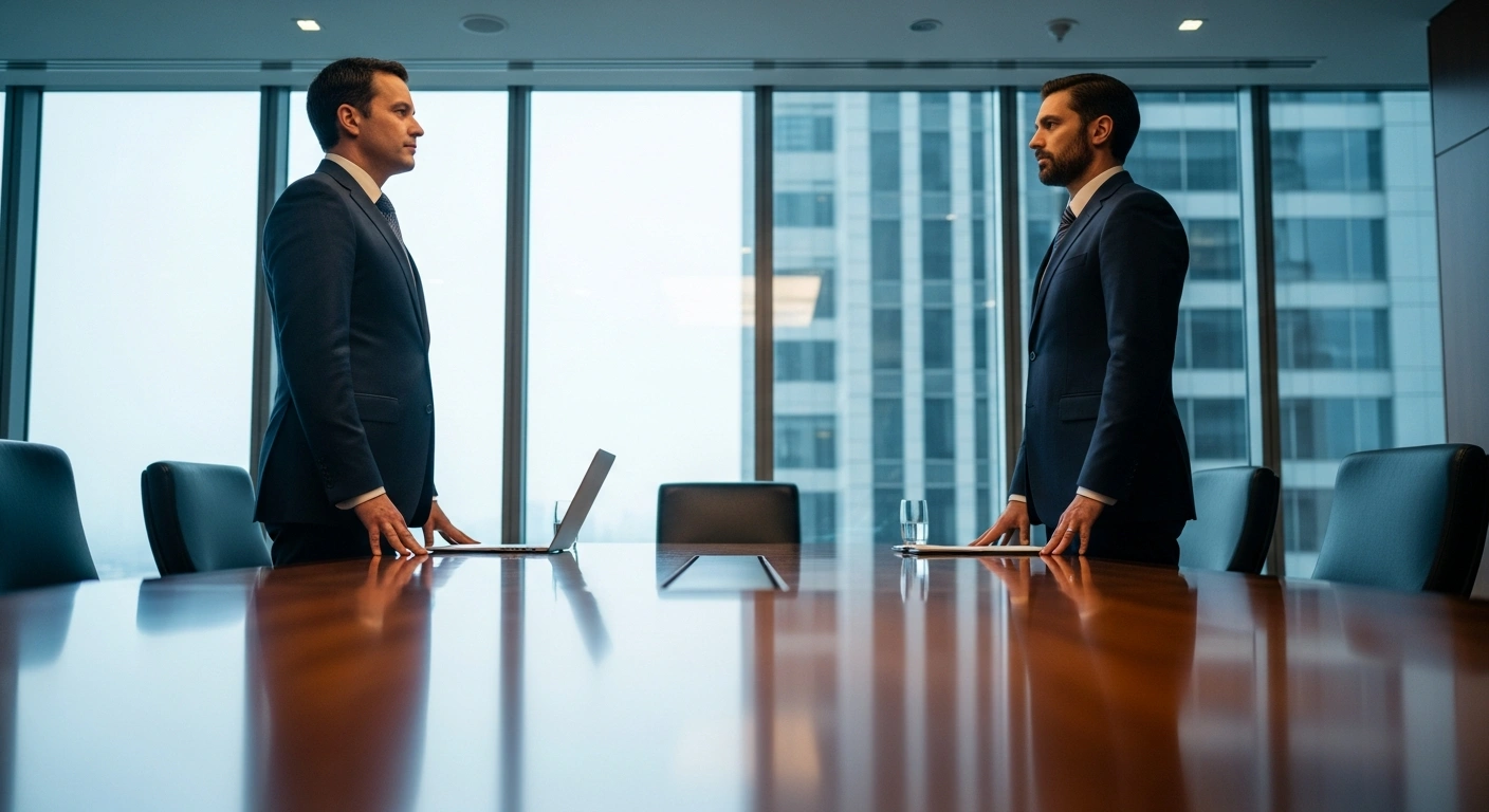 Two government officials from the United States and China stand at a large conference table during high-level trade discussions.