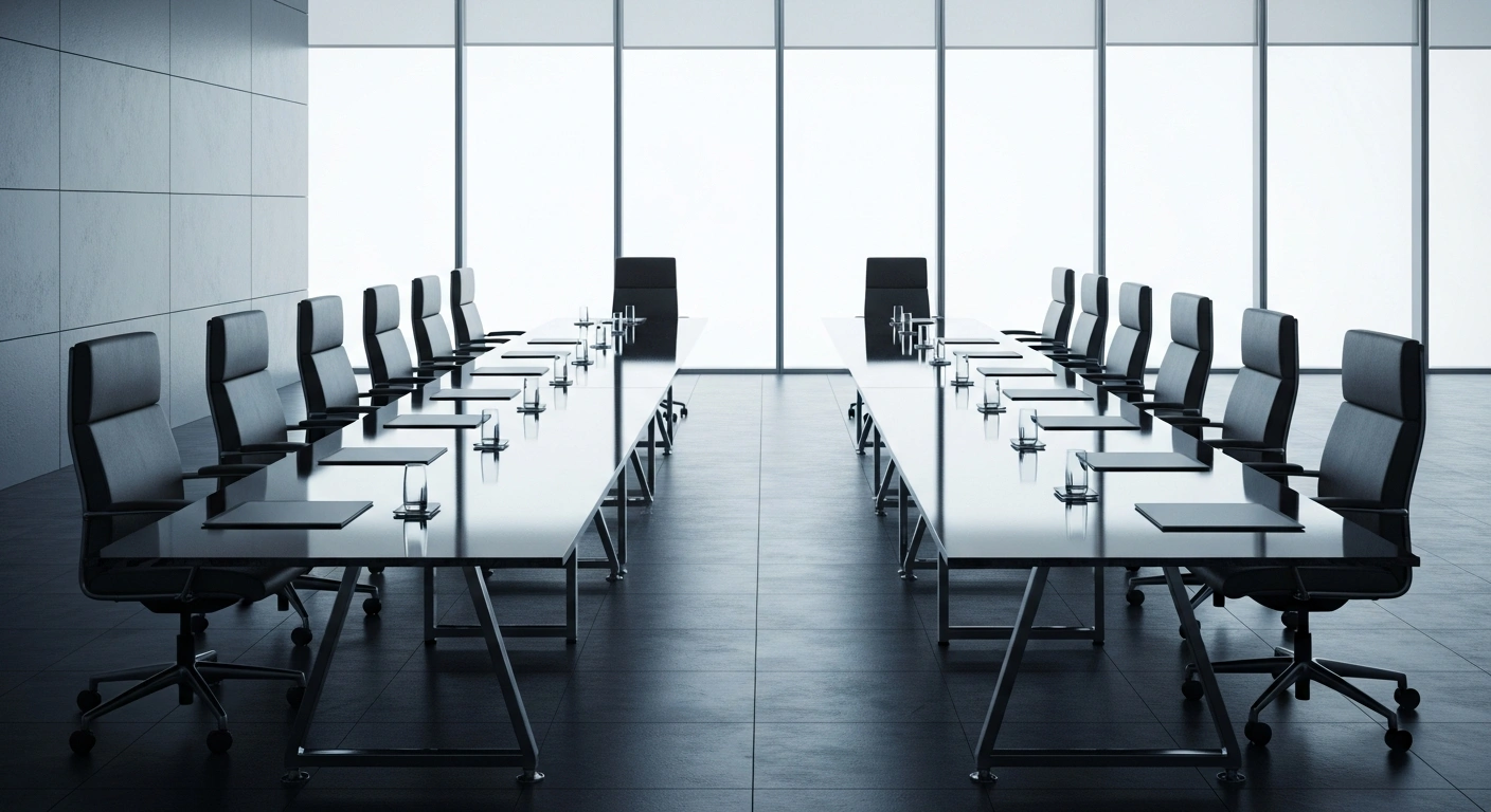 A modern, minimalist boardroom table set for a diplomatic meeting between representatives of the United States and China to discuss trade and investment.