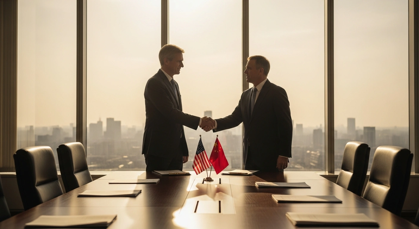 U.S. and Chinese trade officials shake hands in a Beijing conference room following successful economic negotiations ahead of a presidential summit.