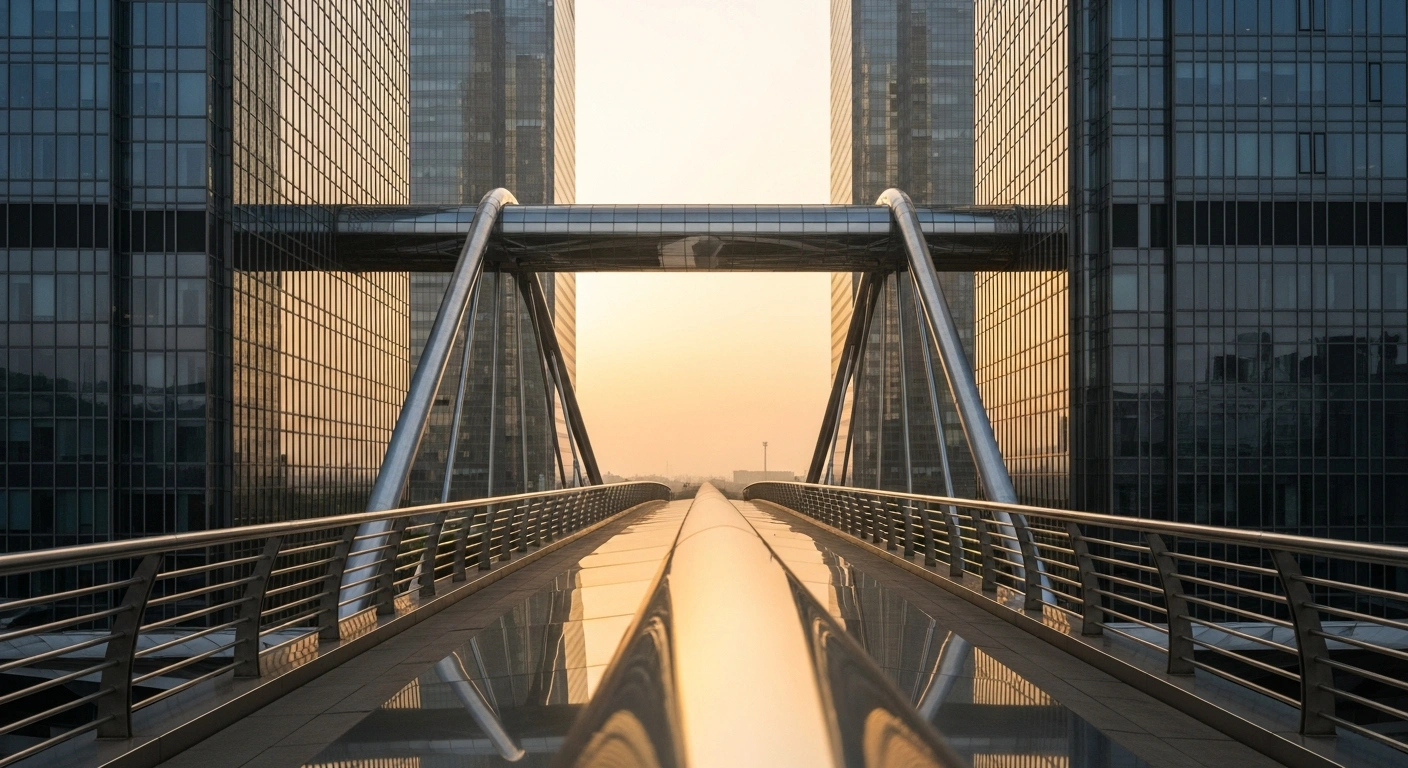 Two modern skyscrapers representing China and the United States stand connected by a bridge, symbolizing ongoing trade negotiations and economic stabilization efforts.