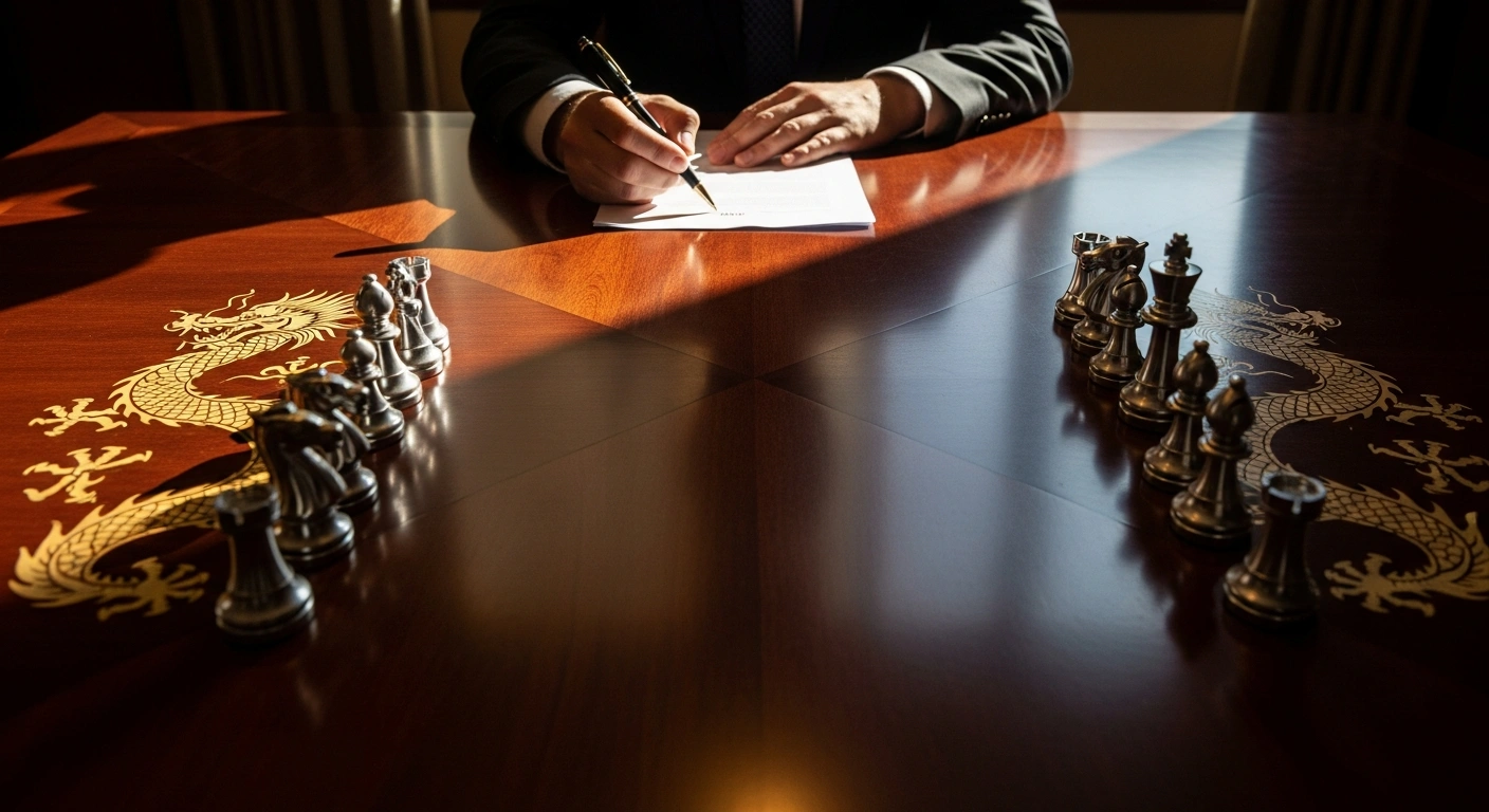 A close-up of a hand holding a pen over a document on a polished mahogany table, with a subtly illuminated Chinese dragon motif on one side and metallic chess pieces casting cool shadows on the other, visually representing the United States' commitment to a stable trade dynamic with China amidst calls from allies for a unified approach against Beijing's economic practices.