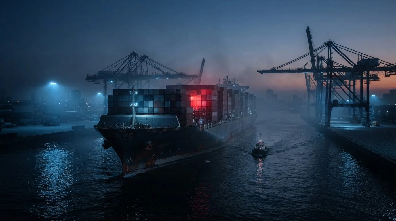 A large cargo ship sails through a dark harbor as the United States considers new tariffs on Chinese imports and sanctions regarding trade with Iran.
