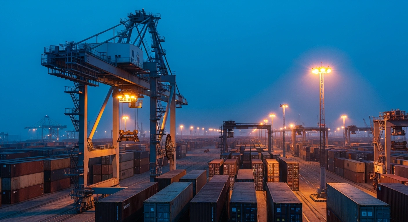 A vast shipping container terminal at dusk represents the new trade tariffs enacted by the United States on Chinese imports.