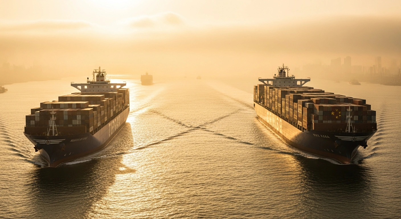 Two large container ships, one displaying American and the other Chinese characteristics, navigate a misty strait at dawn, symbolizing the suspended trade tensions and port fees between the US and China.