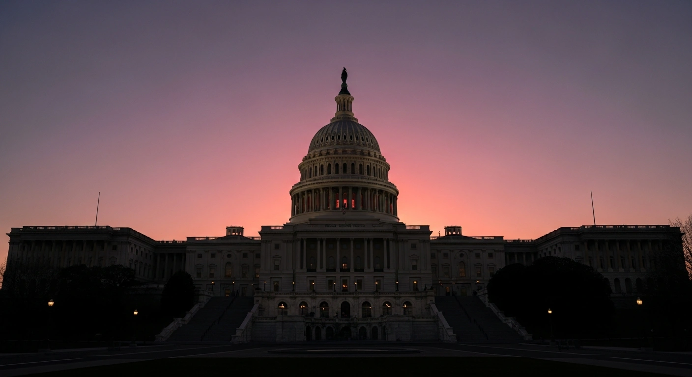 A low-angle view of the U.S. Capitol Building at dusk, illuminated by a subtle crimson light from behind, symbolizing the United States becoming the largest global recipient of loans from Chinese state banks, totaling over $200 billion between 2000 and 2023.