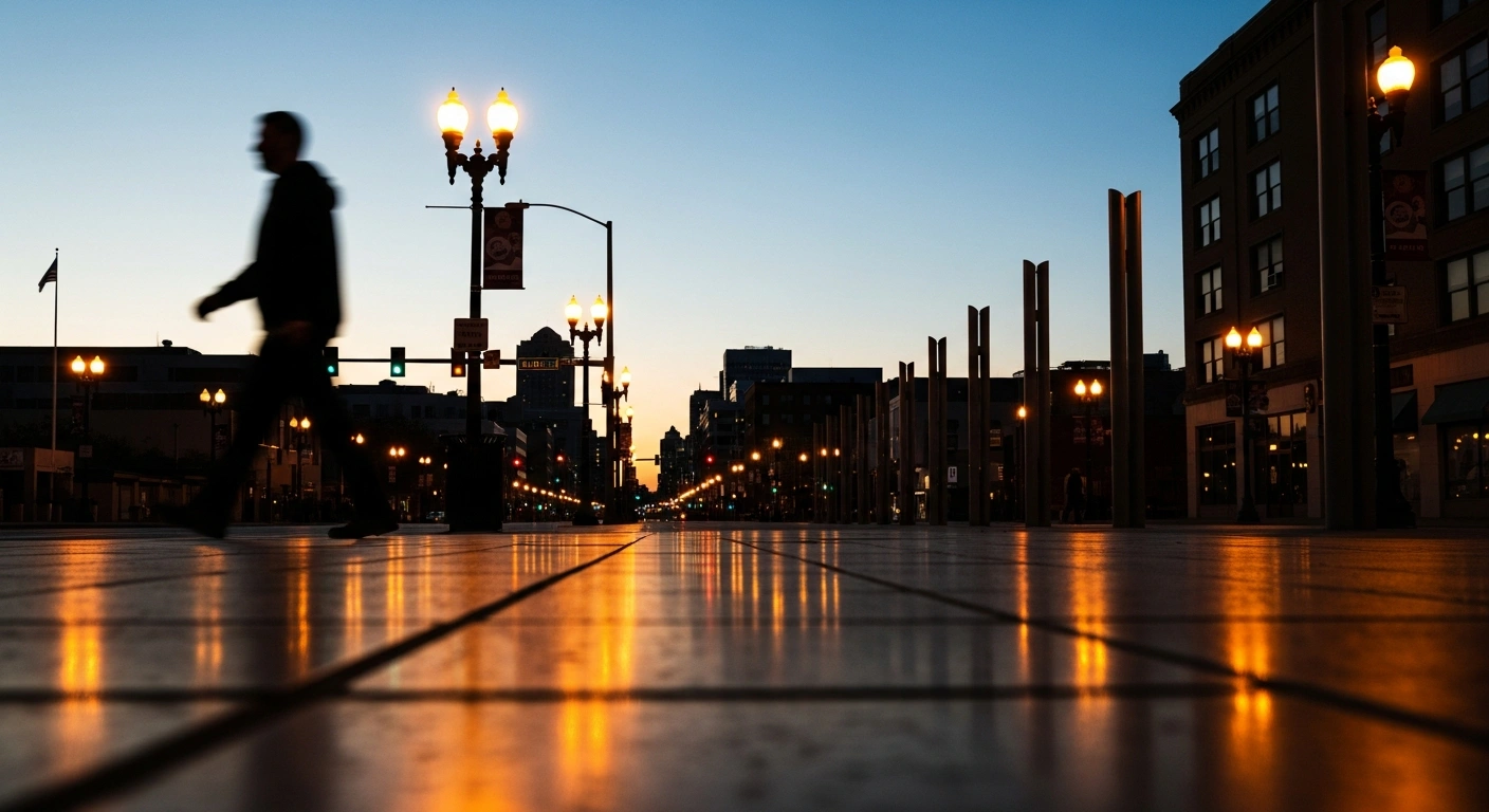 A peaceful American city street at twilight represents the downward trend in violent crime rates across major U.S. cities.