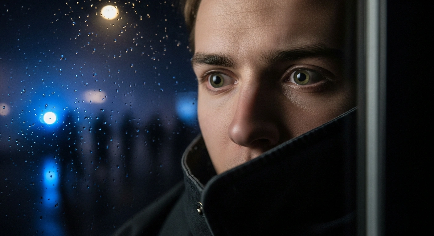 A close-up shot of a young American's anxious face, partially obscured, looking through a rain-streaked window at the blurred blue lights of police vehicles and a distant protesting crowd, illustrating the U.S. Virtual Embassy Iran's security alert advising citizens to immediately depart due to escalating protests, heightened security, and risks of arrest.