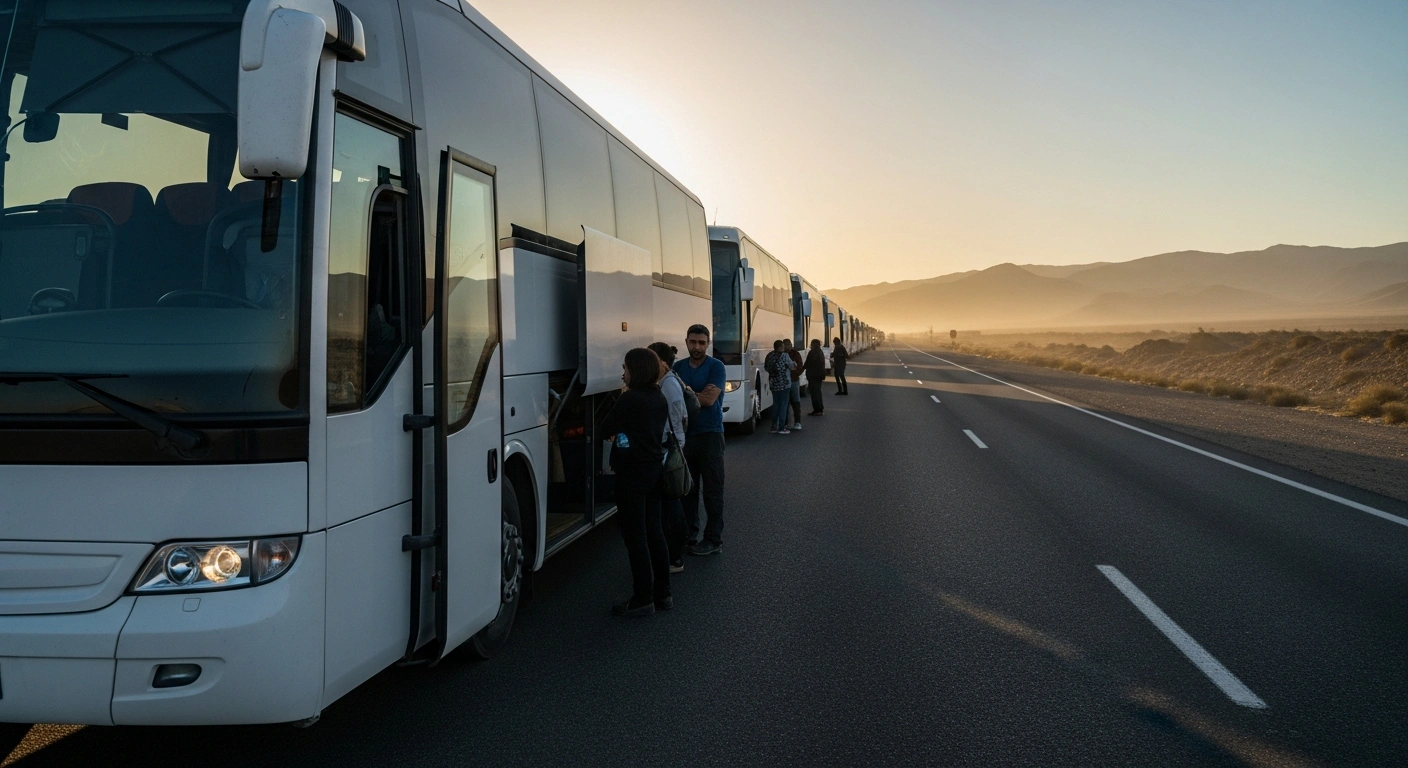 A convoy of buses transports American citizens from Israel to Jordan to ensure their safe departure during a regional conflict.