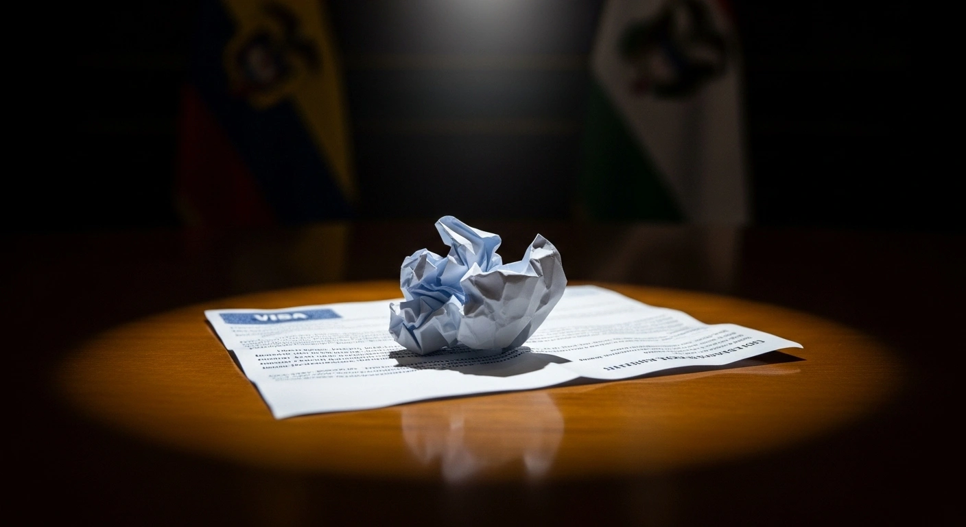 A dramatic close-up photograph shows a crumpled, official document, possibly a revoked visa or diplomatic letter, lying on a dark wooden table under a harsh spotlight, symbolizing the strained US-Colombia relations and visa revocations for Colombian officials.