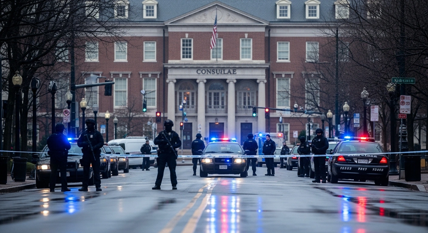 Law enforcement officers and security teams secure the perimeter of the U.S. Consulate in Halifax following a bomb threat evacuation.
