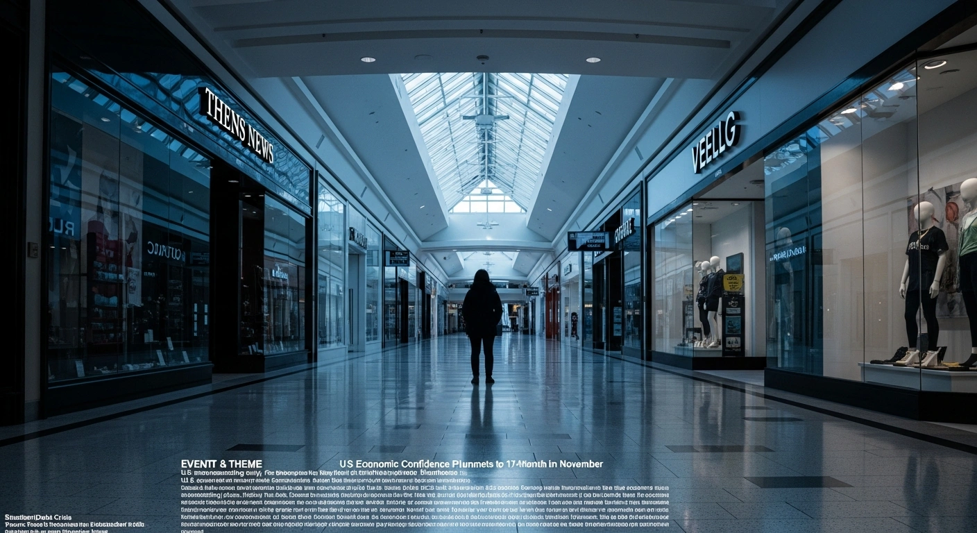 A wide, low-angle shot of a deserted shopping mall corridor with a single silhouetted figure, reflecting the significant drop in US consumer confidence, heightened concerns over the economy and jobs, and reduced holiday spending plans.