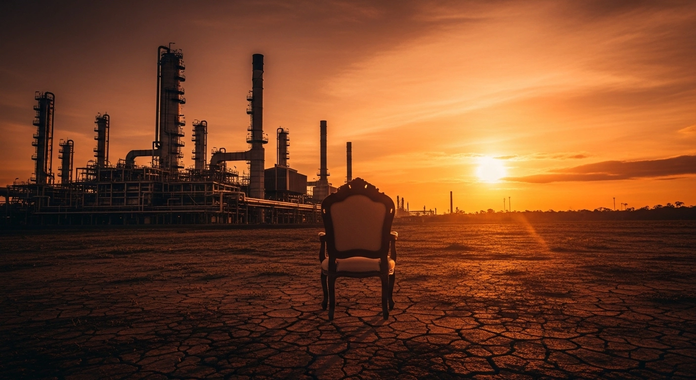 A colossal, smoke-belching oil refinery stands silhouetted against a sunset, symbolizing the Trump administration's focus on fossil fuels, while an empty diplomatic chair in the foreground represents the United States' absence from the COP30 climate talks in Belém, Brazil.