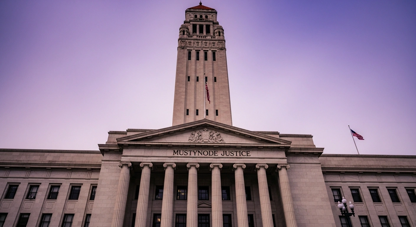 A low-angle shot of a towering courthouse facade, bathed in cold, stark light under a bruised purple sky, features a heavy shadow across its entrance and a distant, out-of-focus silhouette of a foreign flag, representing a US federal court's ruling holding Turkey liable for civil assault and hate-crime violations.