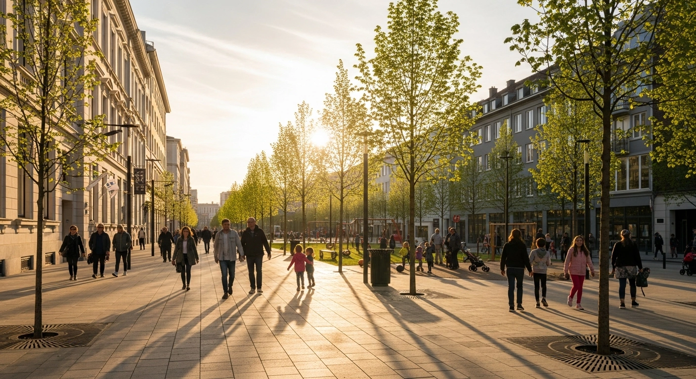 A wide shot of a serene, golden-lit city street at magic hour, showing people casually strolling and children playing safely in a park, symbolizing the widespread reduction in violent and property crime rates and a historic drop in murders across the United States in 2025.