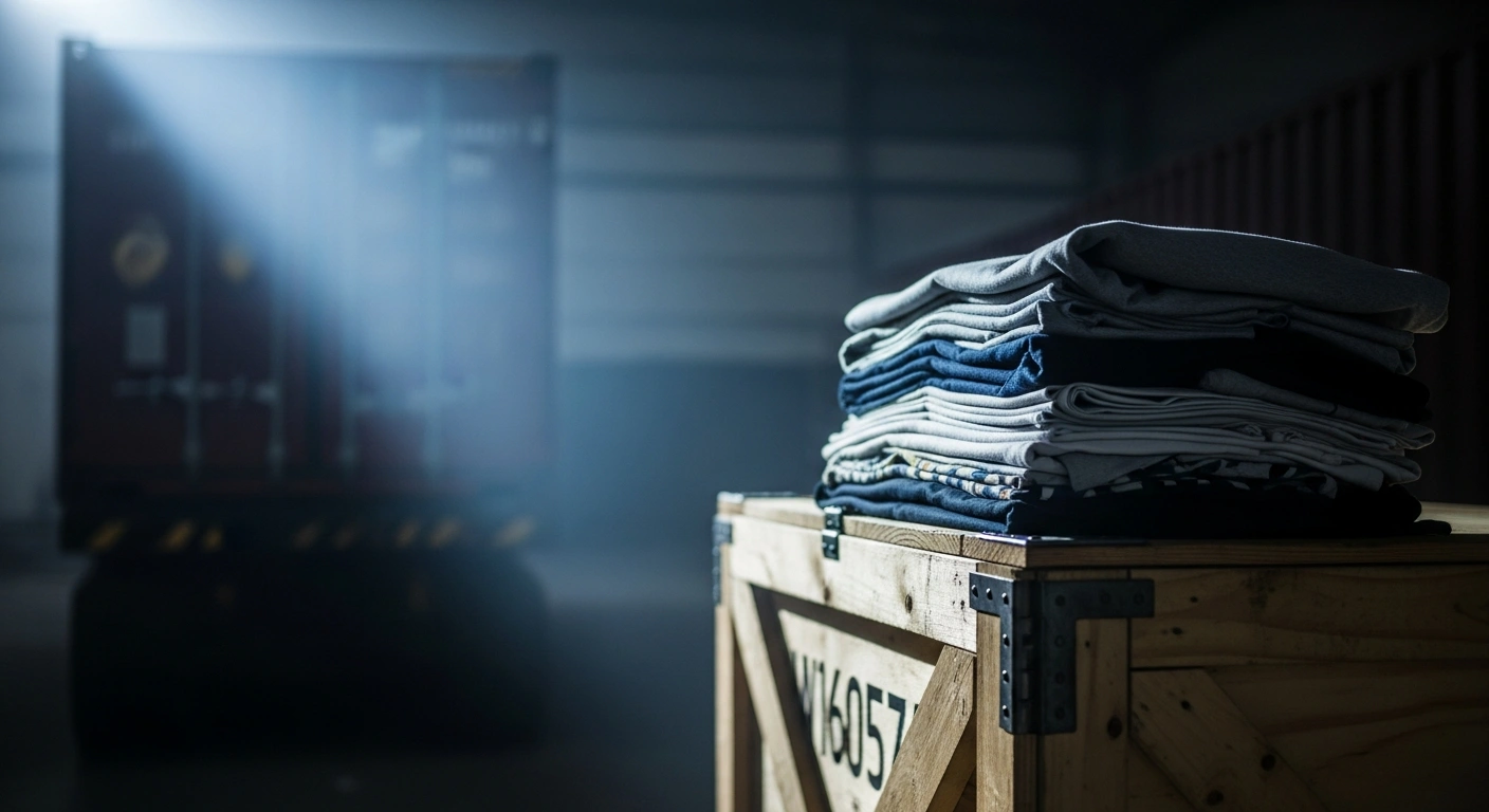 A stack of folded apparel sits on a shipping crate in a warehouse, representing new U.S. customs duties on Turkish textile imports due to forced labor investigations.