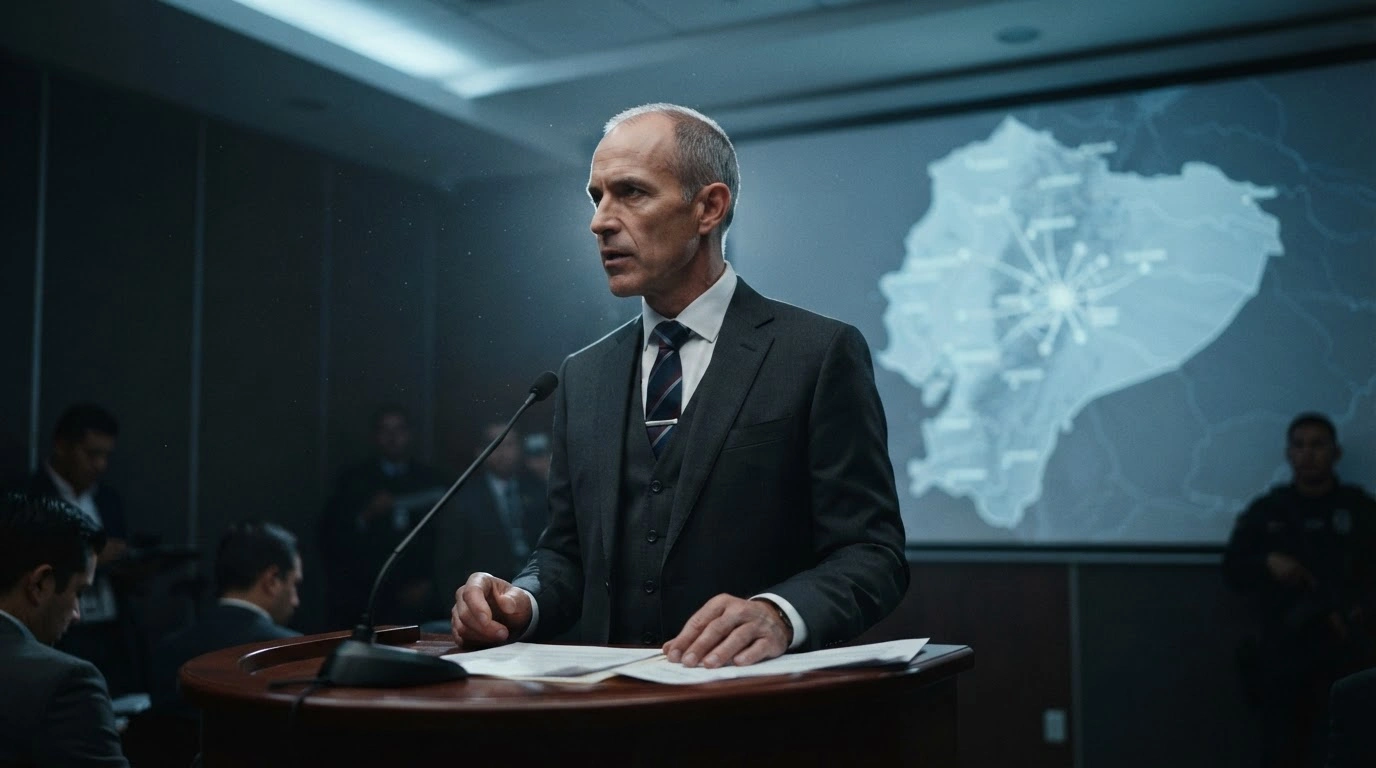 A government official stands in a high-security room while a map of Ecuador is displayed on a screen, representing the United States designating Los Choneros as a foreign terrorist organization.